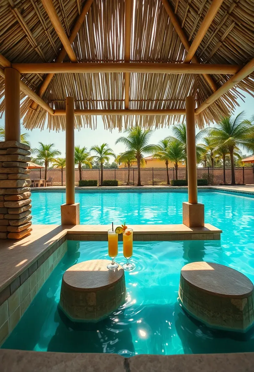 Poolside swim-up tiki bar with submerged bar stools and a thatched bamboo roof at the edge of a turquoise backyard pool