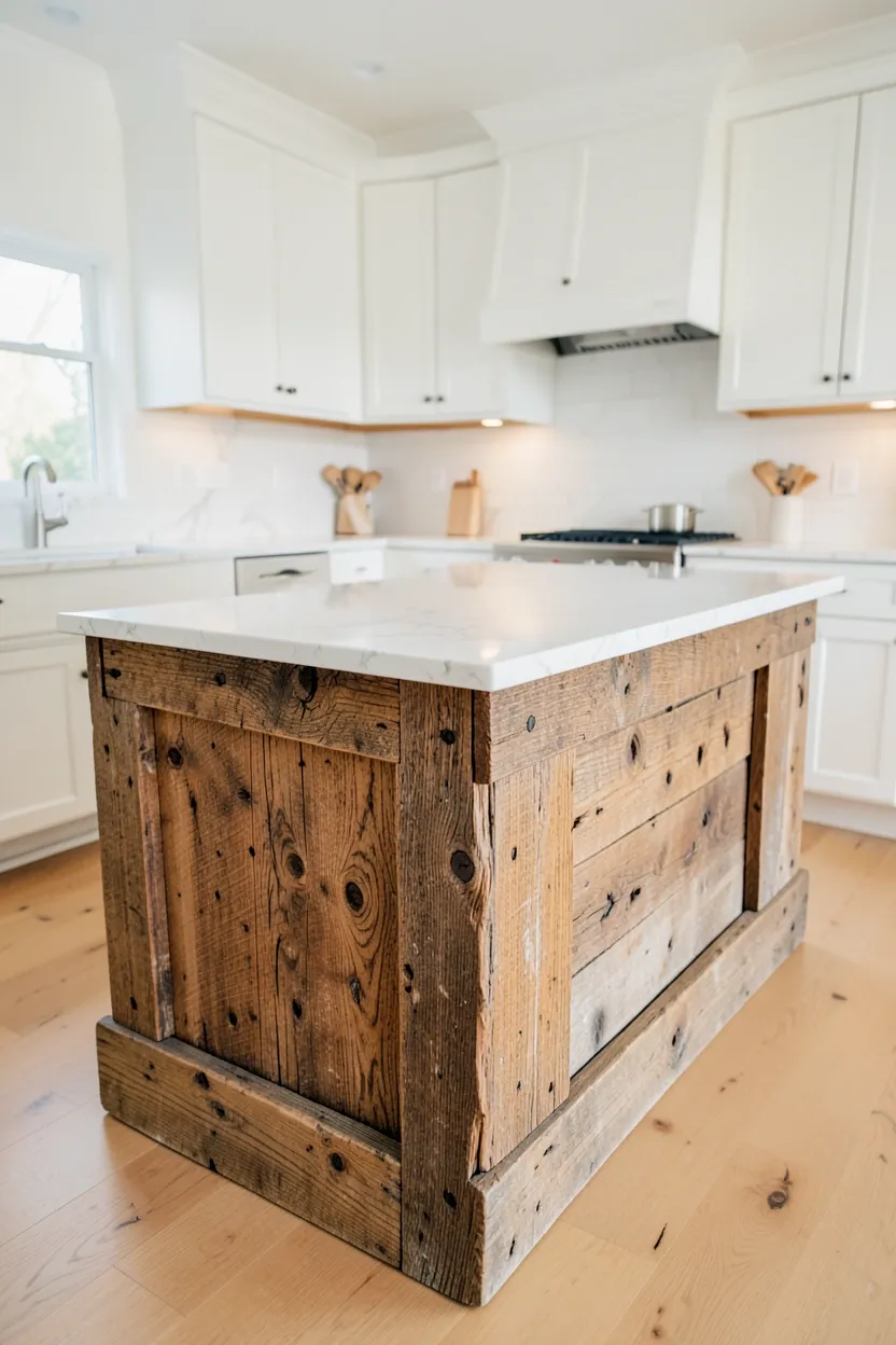 Reclaimed wood kitchen island base with white countertop, weathered texture and natural imperfections adding rustic character to a white kitchen