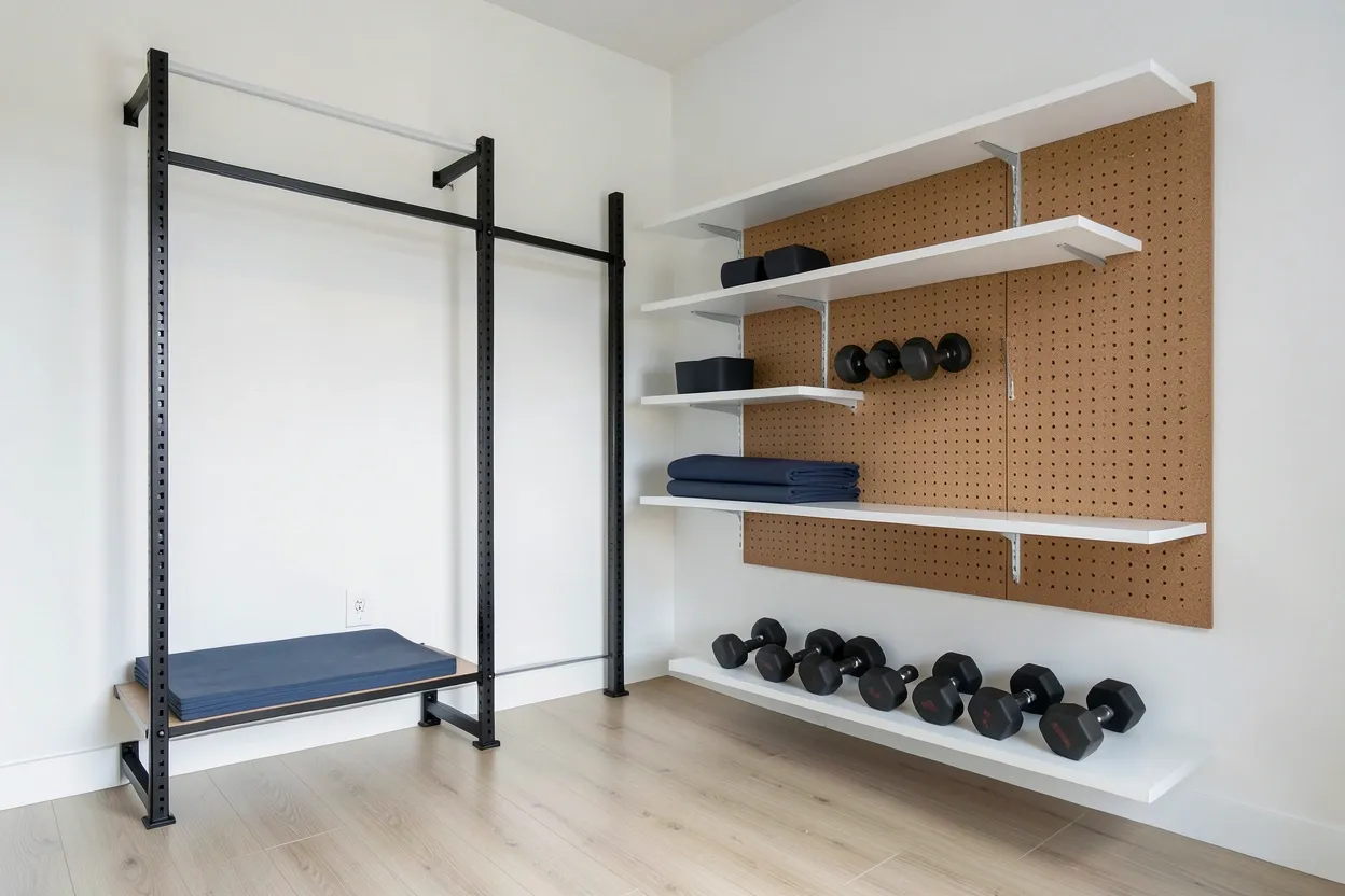 Compact mini gym at home with wall-mounted dumbbell rack, pegboard organizer, and clutter-free workout space in a small apartment