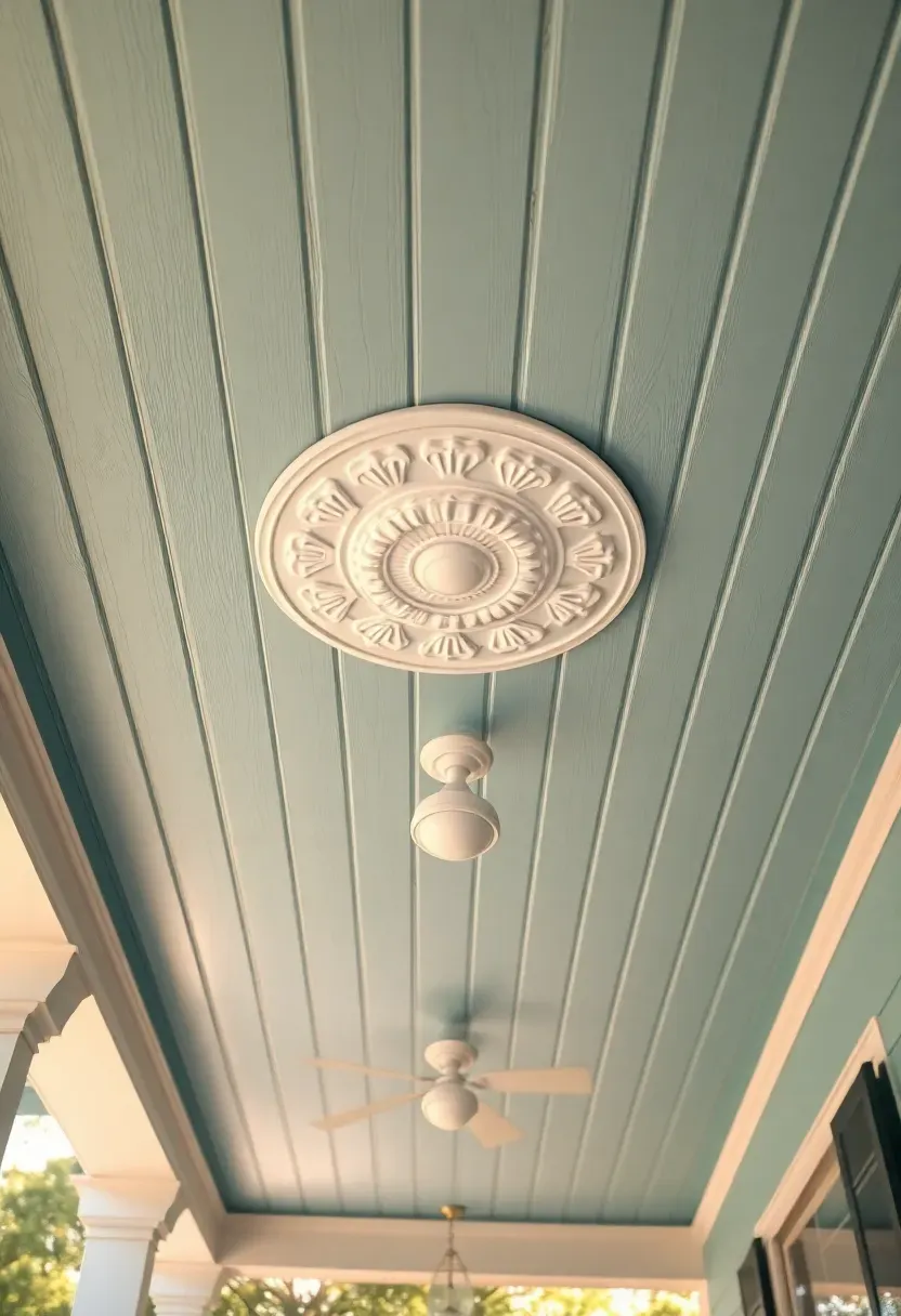 Porch ceiling finished in tongue-and-groove cypress boards painted pale blue, known as haint blue