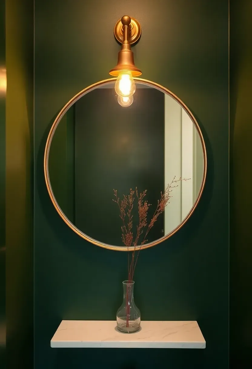 Slim brass picture light mounted directly above a round mirror in a powder room with dark green painted walls