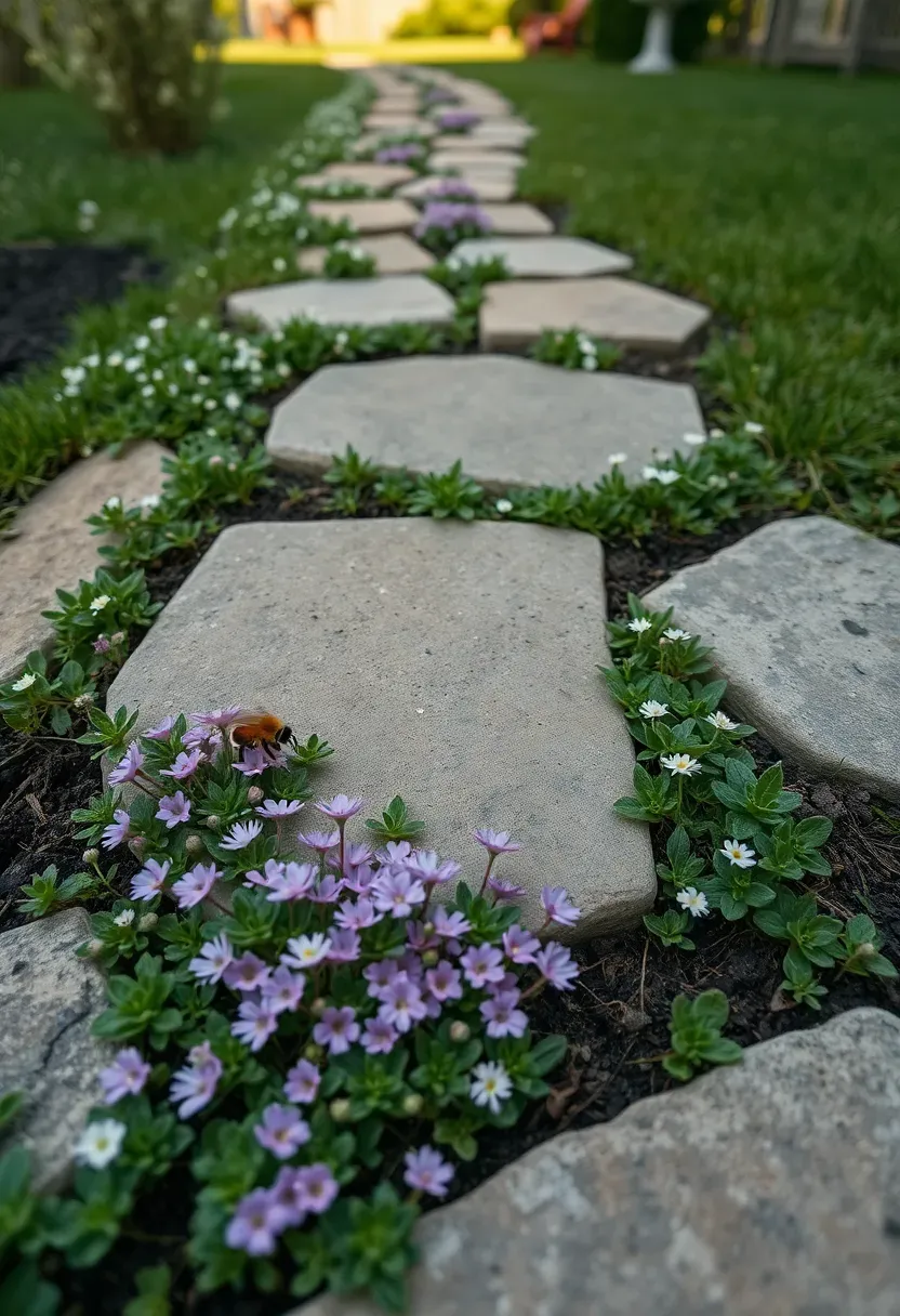 Creeping thyme and clover ground cover replacing a traditional lawn between stepping stones in a backyard garden
