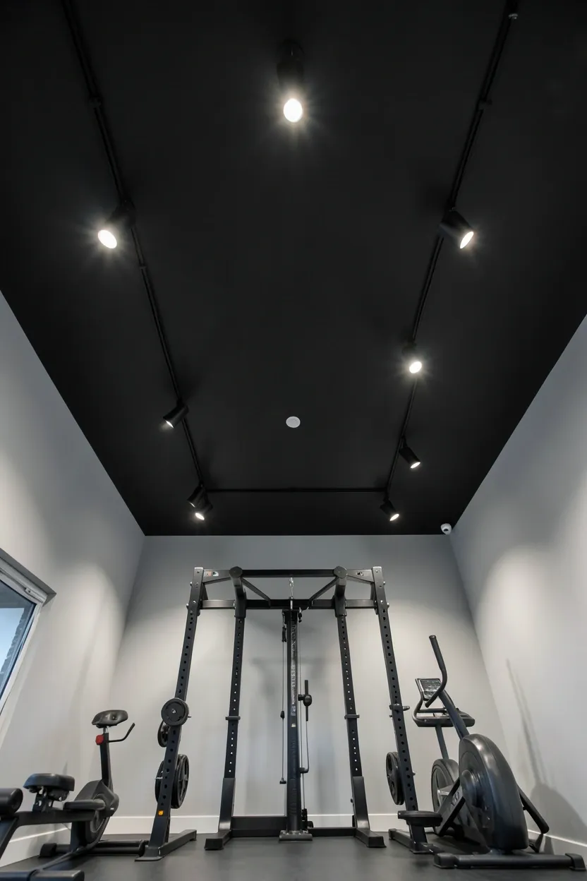 Charcoal-painted ceiling with adjustable multi-head track lighting aimed at the home gym workout zones below