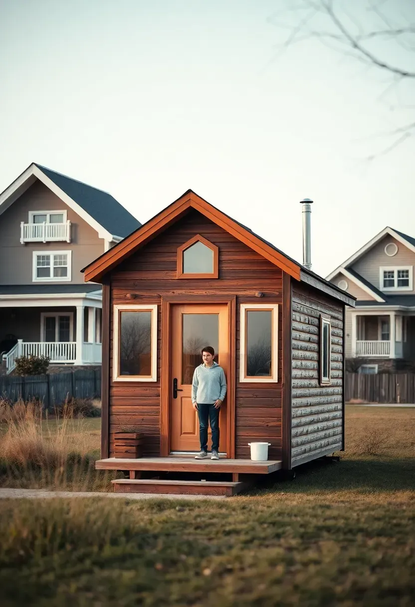 Hyper-realistic 3/4 view of a beautiful tiny house with a person standing outside, with larger traditional houses visible in the background, creating contrast and suggesting social difference. Materials: quality tiny house construction, larger homes background. Neutral daylight showing alternative lifestyle choice. Social contrast mood with visible size difference between tiny and traditional homes. Shallow depth of field, sharp tiny house details, social commentary composition. No text, no logos, no watermarks.</p>