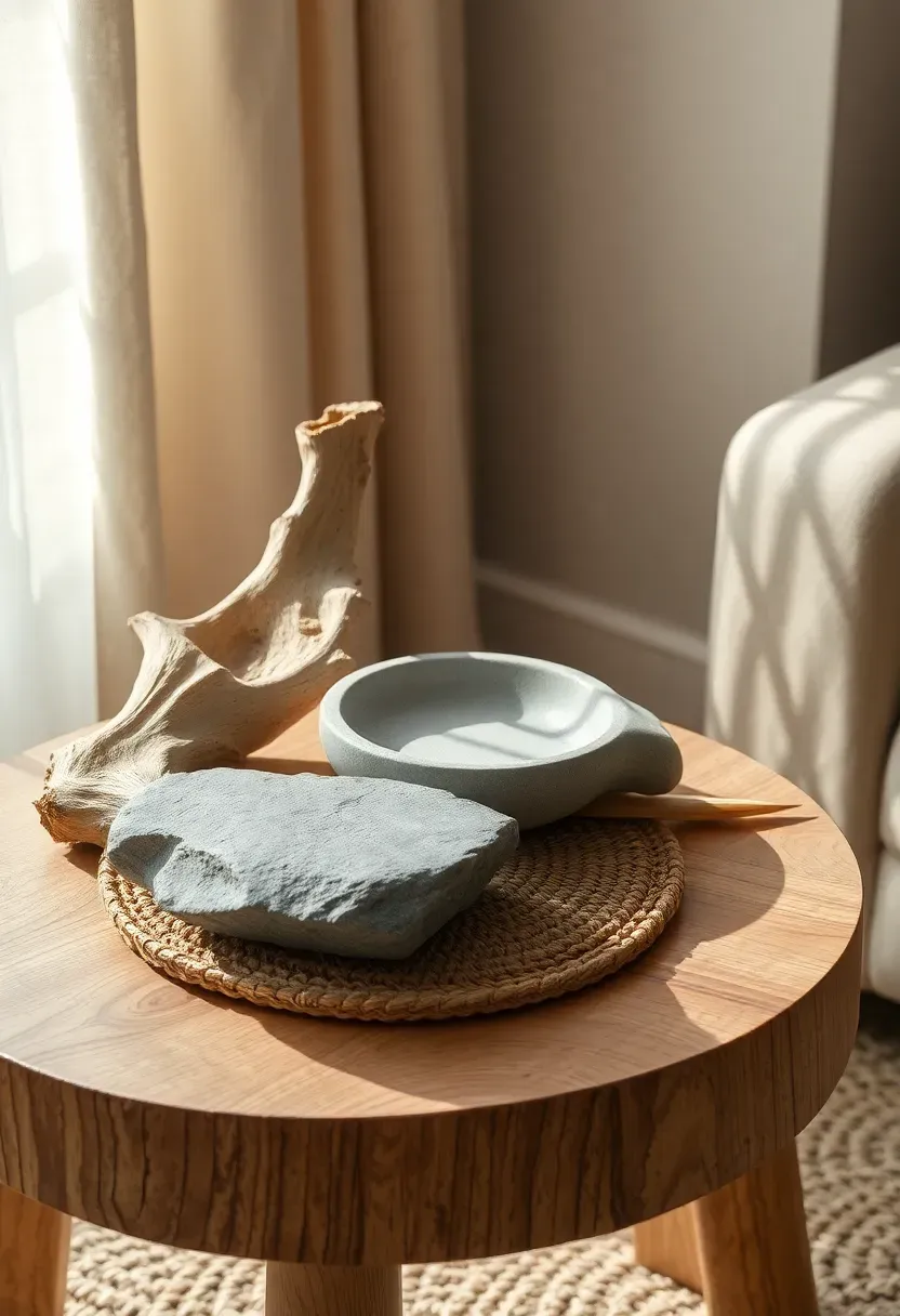 Natural material grouping on a side table with driftwood piece stone bowl and woven coaster