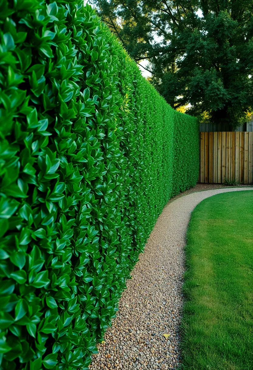 Dense privet hedge wall creating a green privacy barrier along a backyard fence line