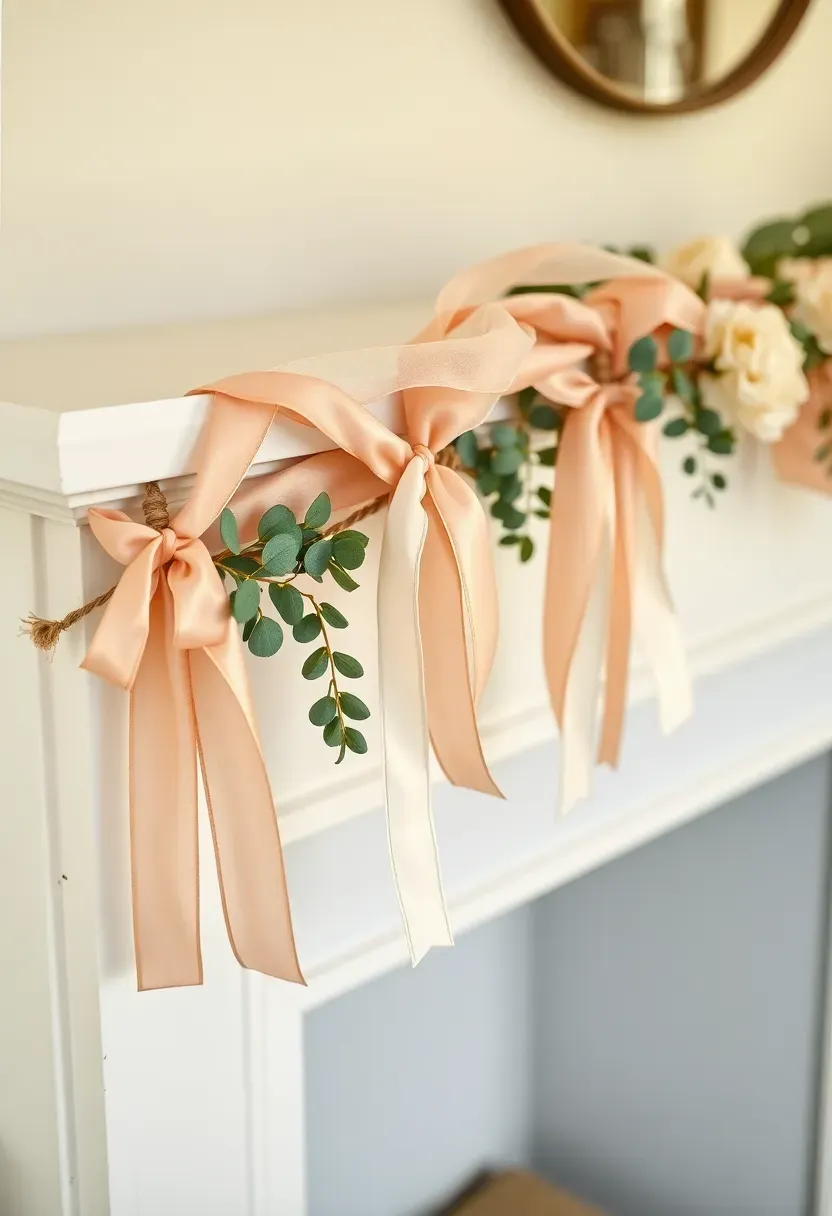 spring ribbon garland in pink, yellow and green hung across a mantelpiece with fresh eucalyptus sprigs