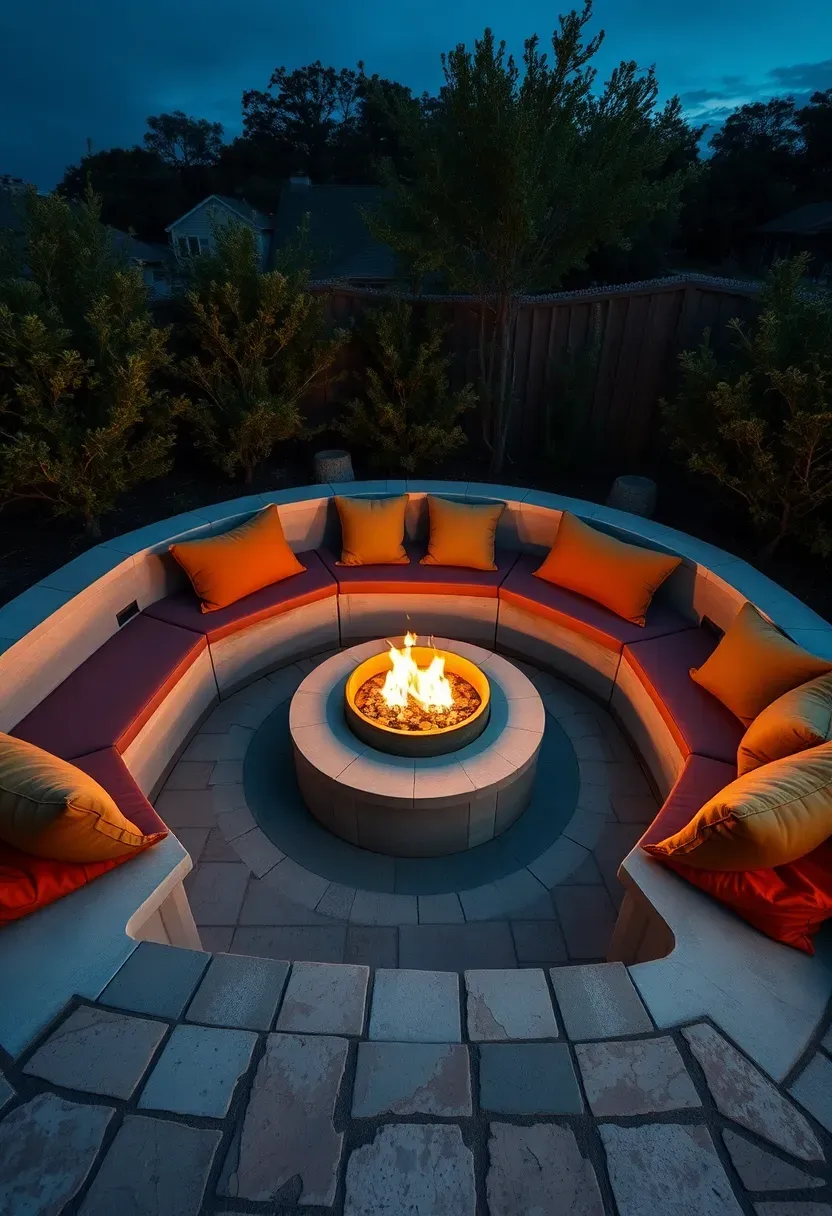 Sunken backyard conversation pit with built-in concrete benches, colorful outdoor cushions, and a central fire bowl surrounded by flagstone paving