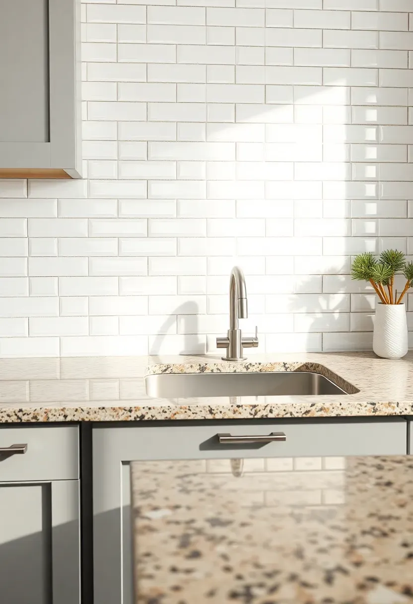 white glossy offset subway tile backsplash in kitchen with fantasy brown granite countertop and gray shaker cabinets