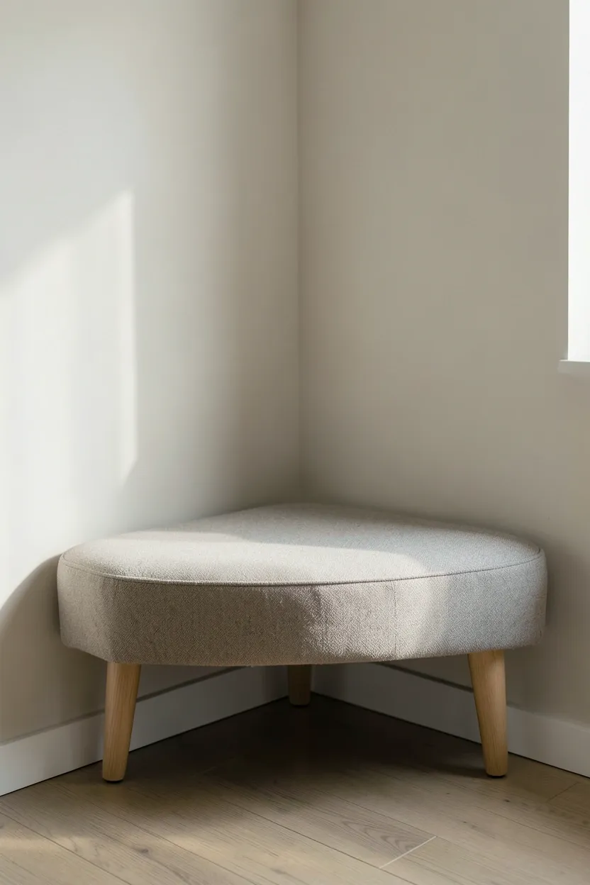 Compact upholstered bench in warm gray in a bedroom corner with a folded throw blanket for cozy seating