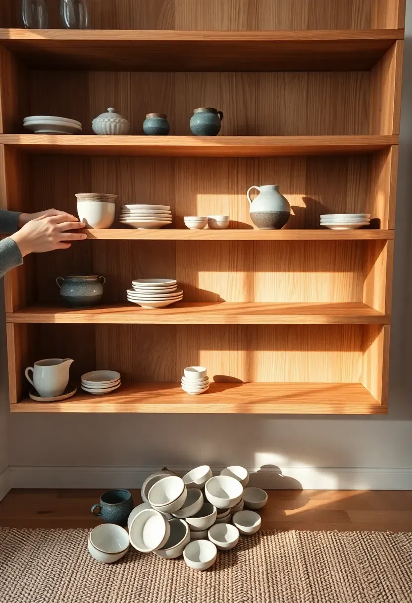 Hands removing the last few objects from empty wooden floating shelves — all items piled on a nearby rug, bare shelves showing their natural grain in soft morning window light, 2:3 portrait