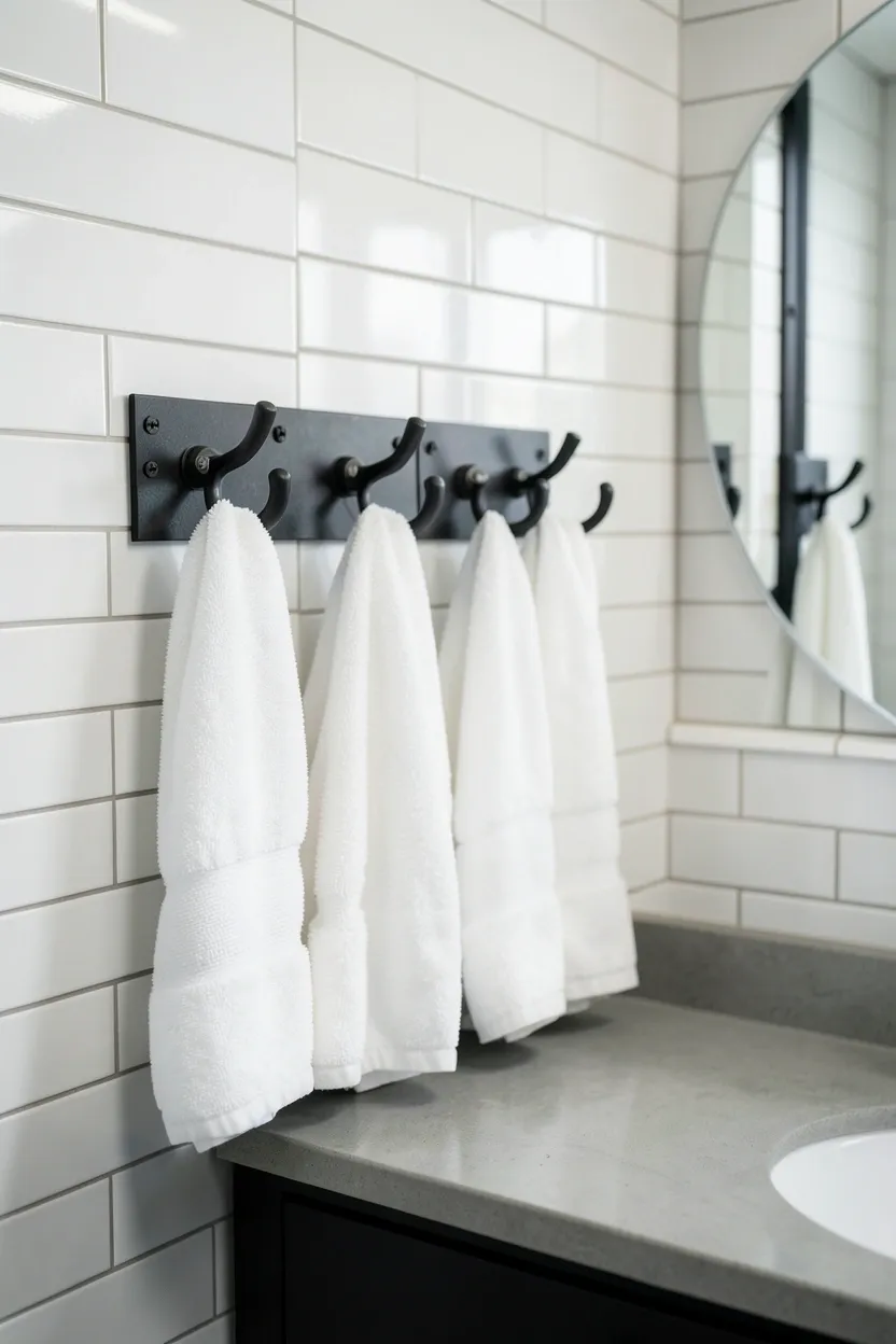 Hyper-realistic eye-level photograph of black iron towel hooks mounted on metal backplate in industrial bathroom. Four hooks with visible mounting screws, white towels neatly hanging, subway tile wall, matte black vanity with white towels below, small round mirror. Materials: matte black cast iron, black metal backplate with screw holes, white cotton towels, white ceramic tiles, polished concrete vanity. Natural light from window, simple industrial atmosphere. Shallow depth of field, sharp details on hook design and mounting hardware, balanced composition showing hooks and wall. No text, no logos, no watermarks.</p>