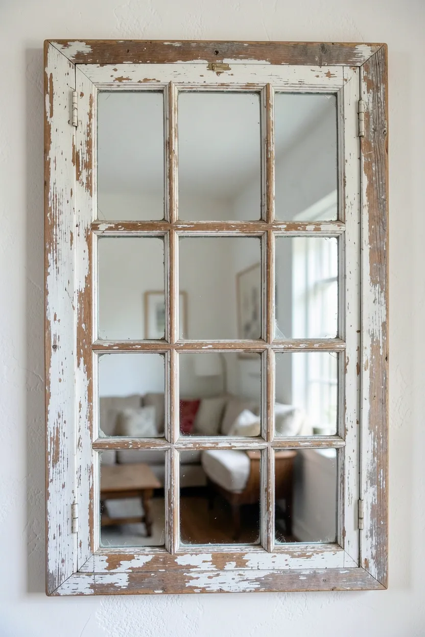 Collection of vintage window frames with varying patinas hung as wall decor in a cozy farmhouse living room