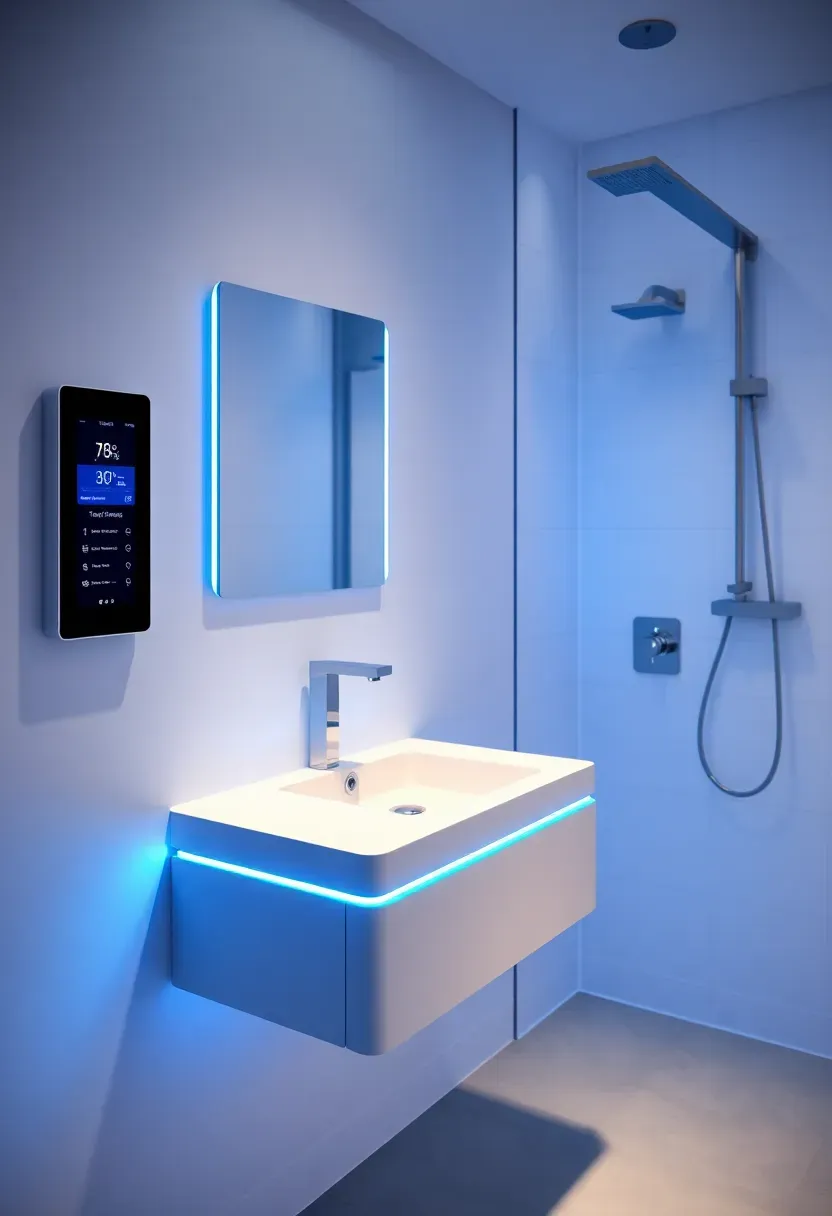 High-tech smart bathroom with digital controls, LED lighting, and modern automated features