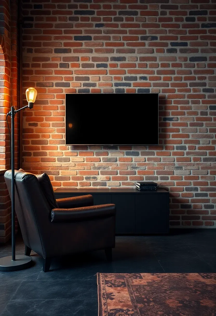 Industrial loft living room with exposed red brick wall behind a mounted TV with a vintage leather armchair and metal floor lamp