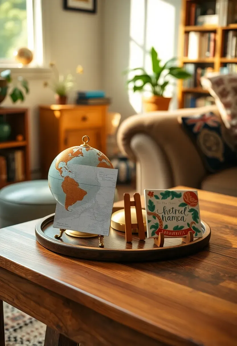 Side table with a collection of travel objects including a small globe a postcard and a ceramic from abroad