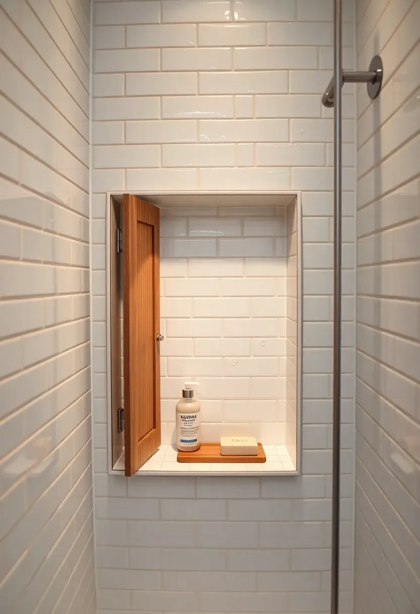 Built-in bathroom wall niche with a small wooden door flush with the surrounding white tile