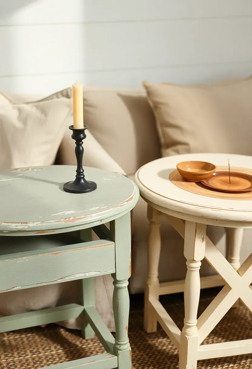 Two mismatched chippy-paint side tables in faded green and cream beside a farmhouse sunroom sofa with linen cushions and a vintage lamp
