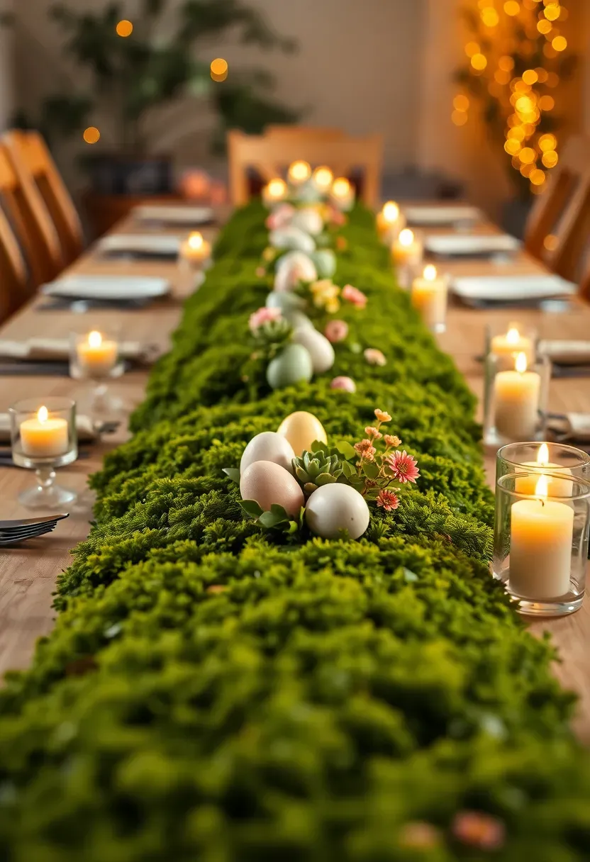moss and decorated egg table runner for Easter dinner with candles and spring greenery