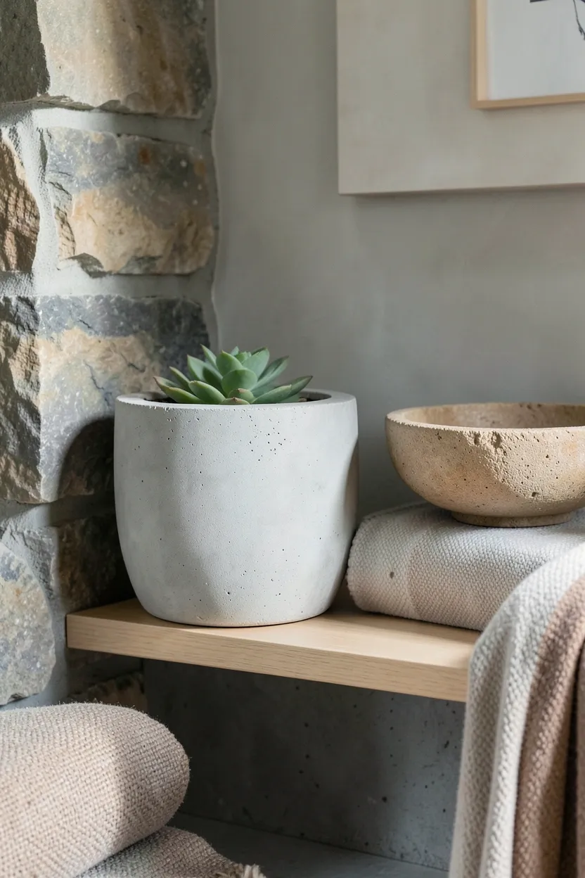 Concrete planter and stone bowl on a shelf in a Japandi living room catching natural light against pale wood and white walls