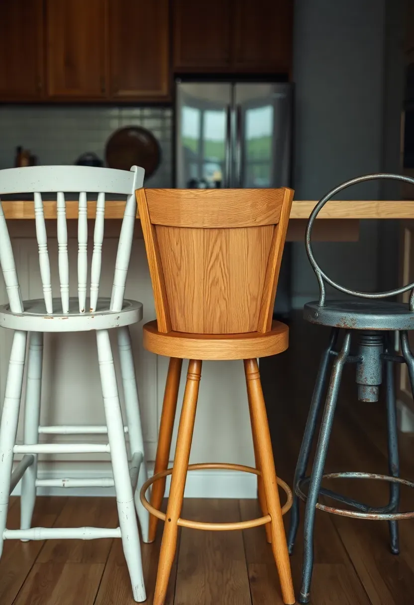 Three mismatched vintage bar stools in white chalk paint and natural wood with different spindle-back styles tucked under a butcher block kitchen island in a cottage kitchen