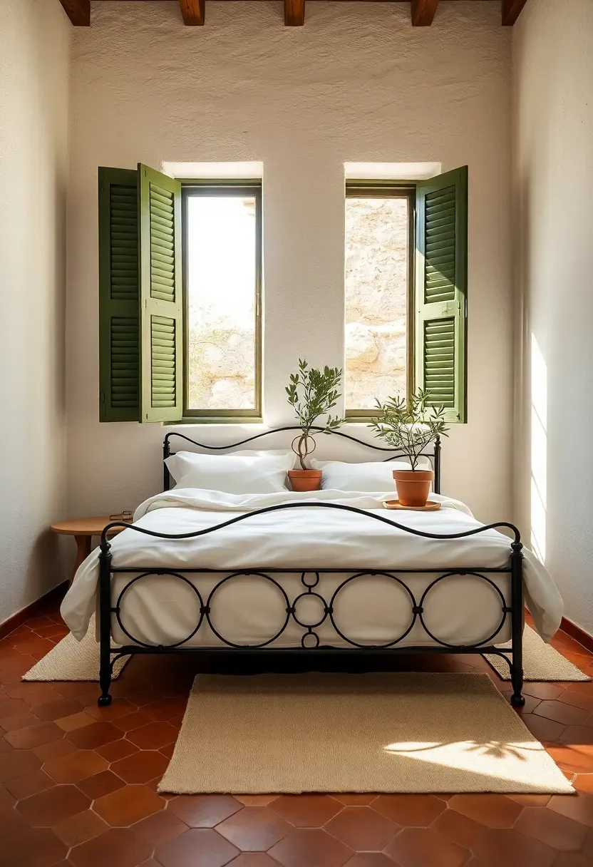 mediterranean inspired bedroom with olive green shutters cream stucco textured walls terracotta floor tiles and white linen bedding