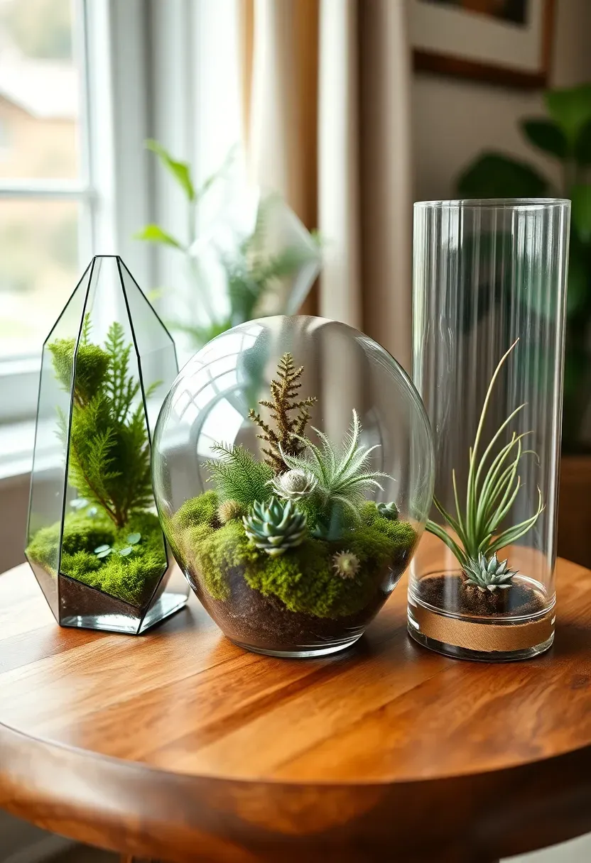 Collection of three glass terrariums of different sizes on a round wooden table in a sunroom with small ferns, moss, and air plants inside, natural light from above