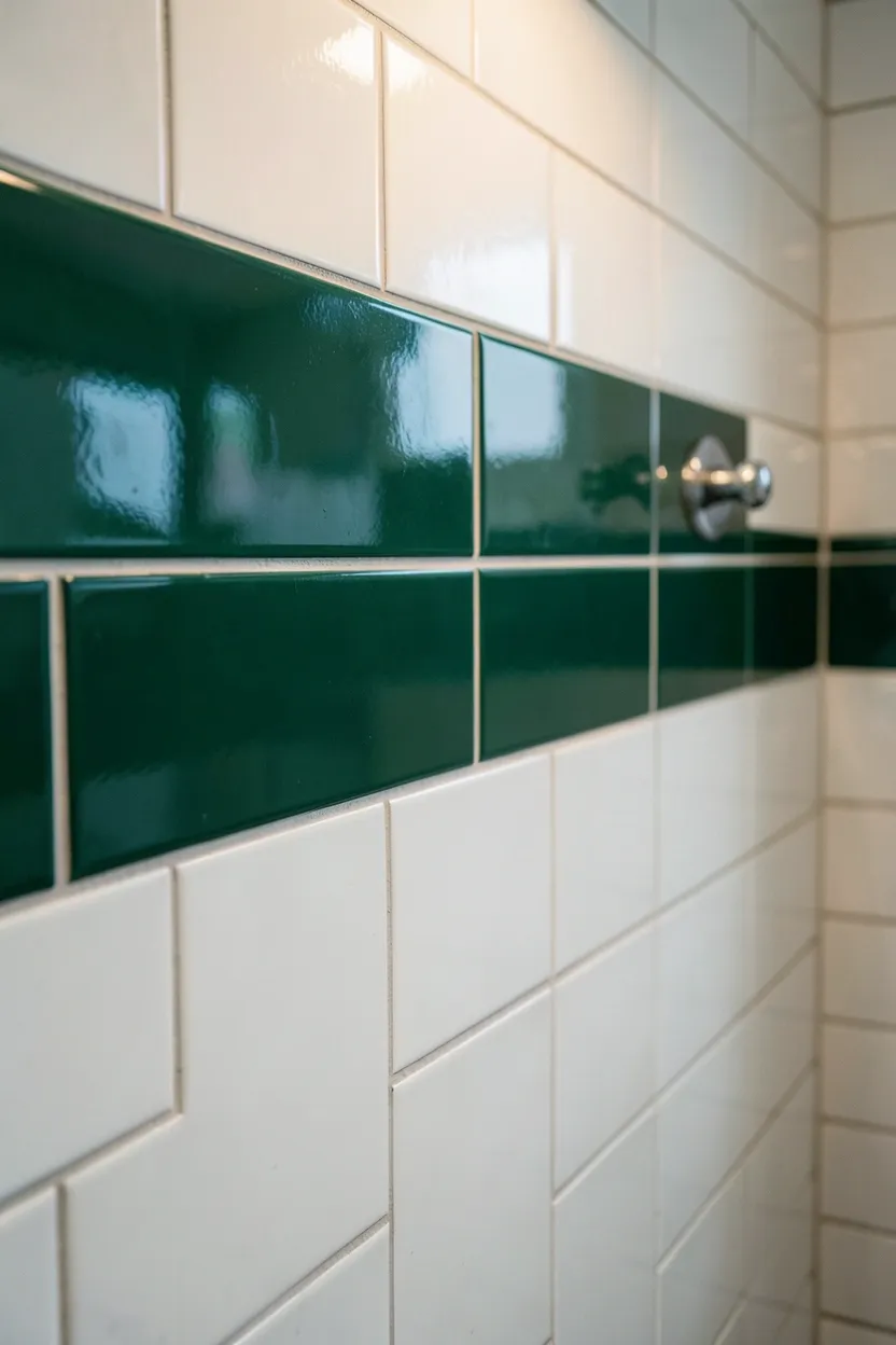 Apartment bathroom with viridian blue-green decorative tile border running horizontally across a white tiled wall above the vanity backsplash