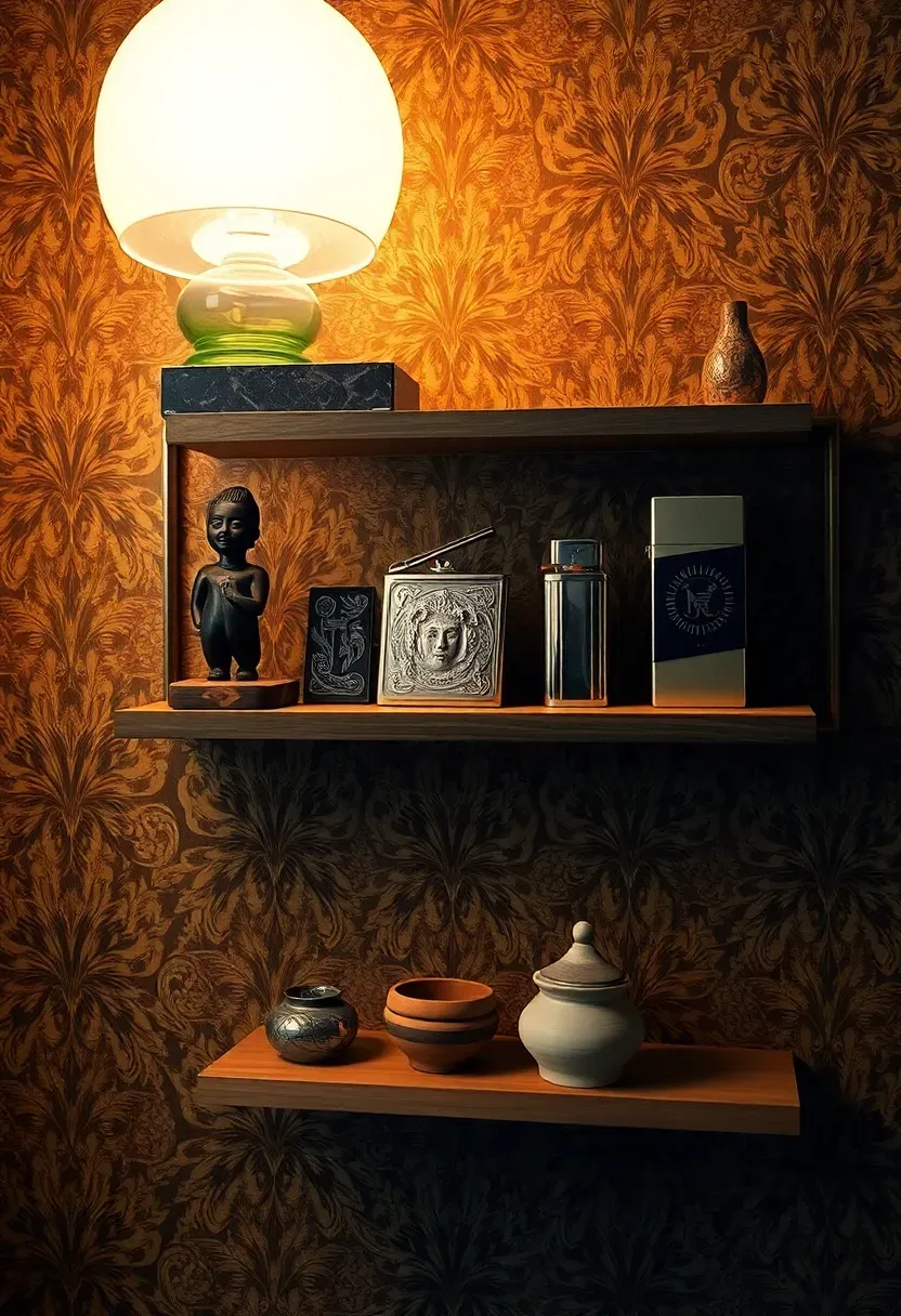 Eclectic mixed-era curio wall display — two mismatched floating shelves on vintage patterned wallpaper holding a Murano glass vase, African ebony figurine, Victorian silver card case, Art Deco chrome lighter, and a clay pinch pot