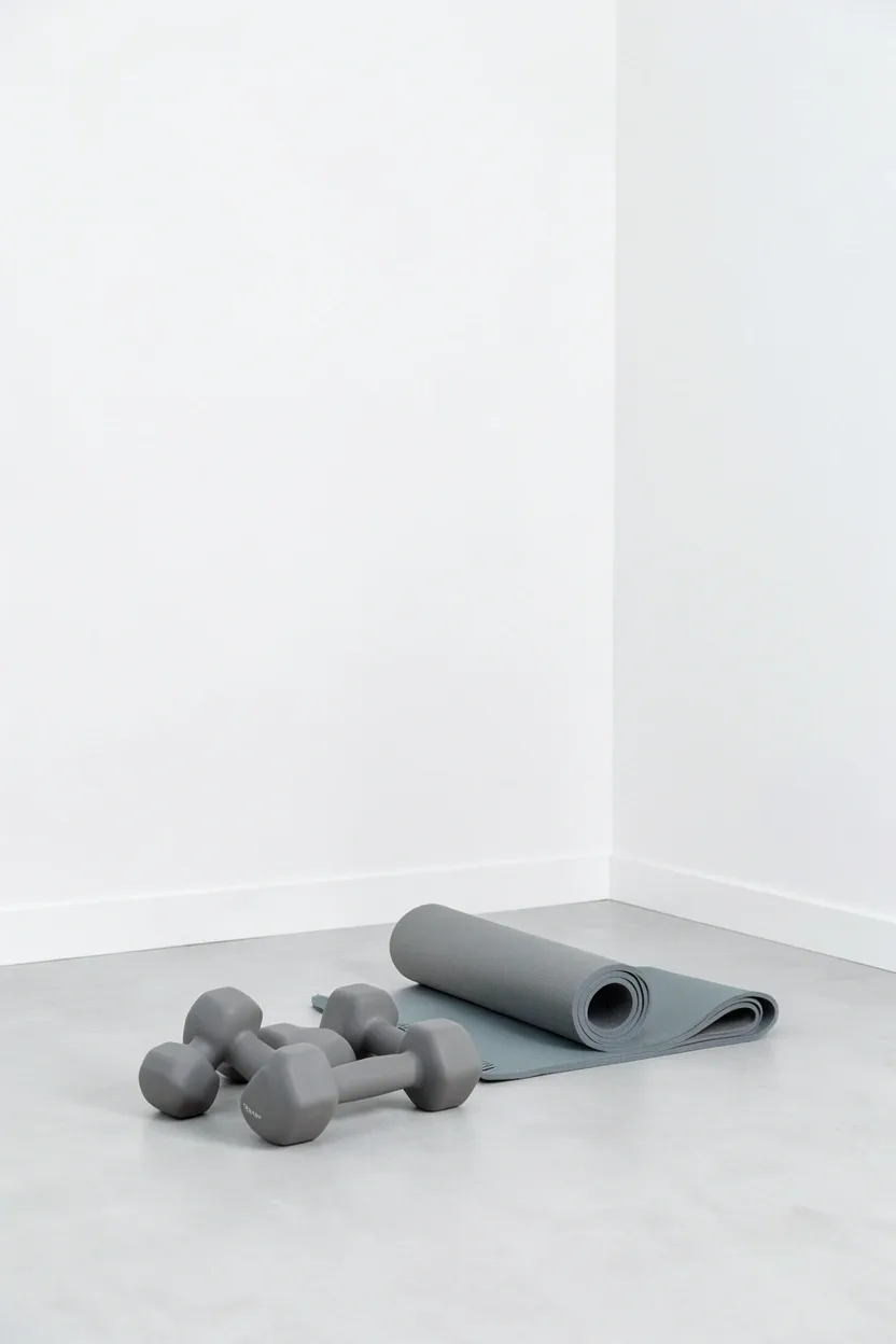 Minimal home gym with only essential equipment — adjustable dumbbells, yoga mat, and resistance bands on a clean wood floor with no extra clutter