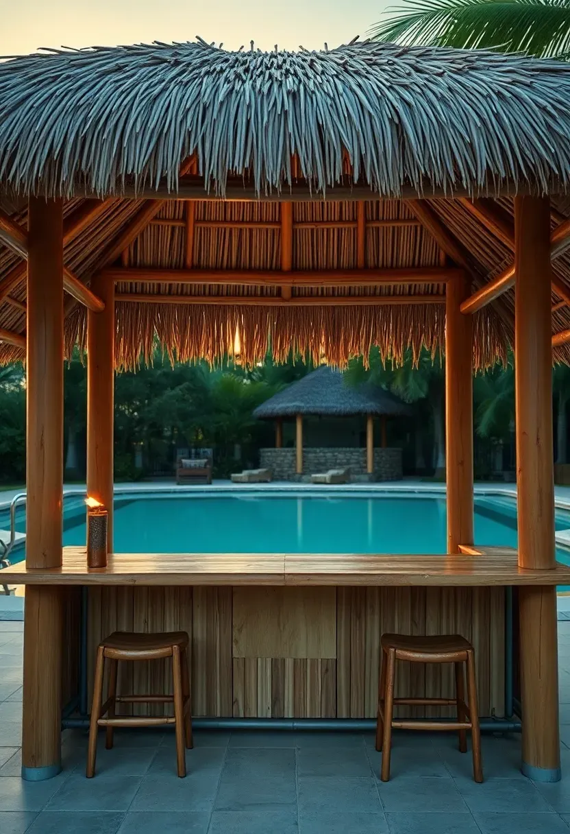 A thatched-roof tiki hut gazebo with natural palm frond roofing, bamboo railing, bar counter with tropical drinks, and torch lights in a backyard pool area at sunset
