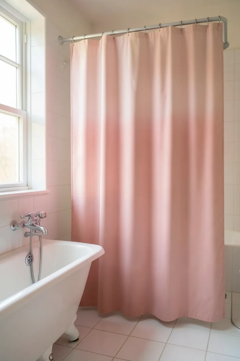 Ombre pink shower curtain transitioning from blush to deep rose in a bright rental bathroom — bold pink bathroom idea