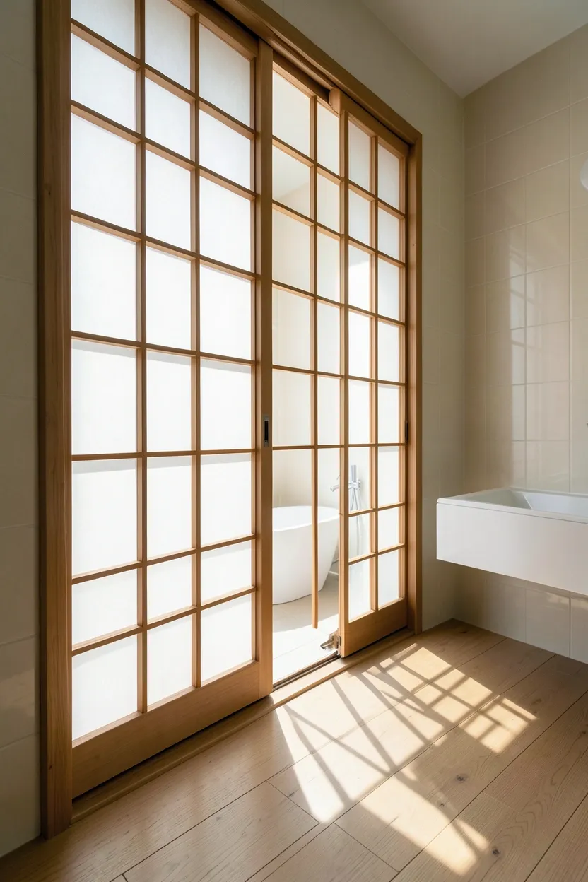 Hyper-realistic eye-level photograph of sliding shoji screen in zen bathroom. Traditional Japanese screen with wooden grid frame and white washi paper panels. Screen is partially open showing white freestanding tub beyond. Light diffuses beautifully through paper creating soft glow. Bathroom walls in pale cream tiles. Floor in light wood planks. Minimal floating white vanity. Morning light creates shadow patterns on floor from screen grid. Materials: wood frame, washi paper, ceramic, oak. Traditional authentic mood. Focus on shoji screen details and light effect. No text, no logos, no watermarks.</p>
