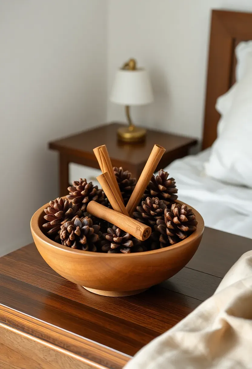 Hyper-realistic 3/4 view of bedroom nightstand with wooden bowl containing artful arrangement of pinecones in varied sizes. Three cinnamon sticks nestled among cones. Dark wood nightstand, white bedding visible beyond, white walls, small brass lamp. Materials: pinecones, wooden bowl, cinnamon sticks, brass lamp, linen bedding. Natural light from window, organic winter textures. Subtle Christmas natural decor. Shallow depth of field, sharp details on pinecone scales. No text, no logos, no watermarks.</p>