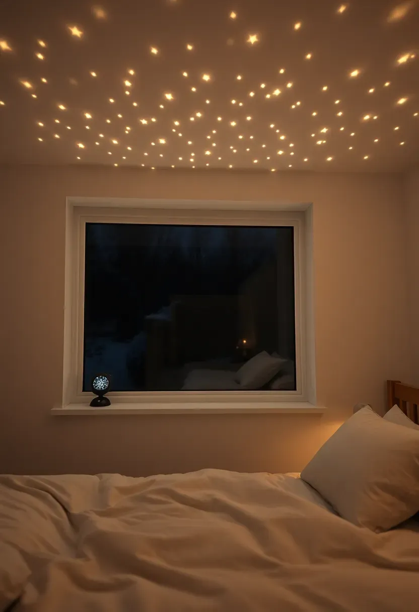 Hyper-realistic 3/4 view of bedroom at dusk with small star projector on windowsill casting warm white star patterns across white ceiling and upper walls. Subtle scattered stars, not overwhelming or rotating. Battery projector visible on sill, dark winter window beyond. Bed visible below with white duvet, pillow propped for reading. Materials: LED star projector, glass window. Warm ambient projected light, stars creating magical Christmas night sky effect. Ceiling projection lighting. Shallow depth of field, soft focus on projected stars. No text, no logos, no watermarks.</p>