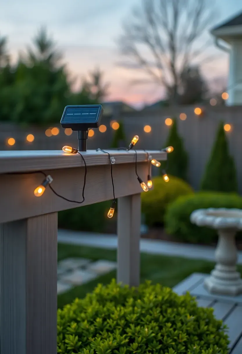 Solar-powered warm white string lights clipped along a composite deck railing overlooking a backyard garden at twilight