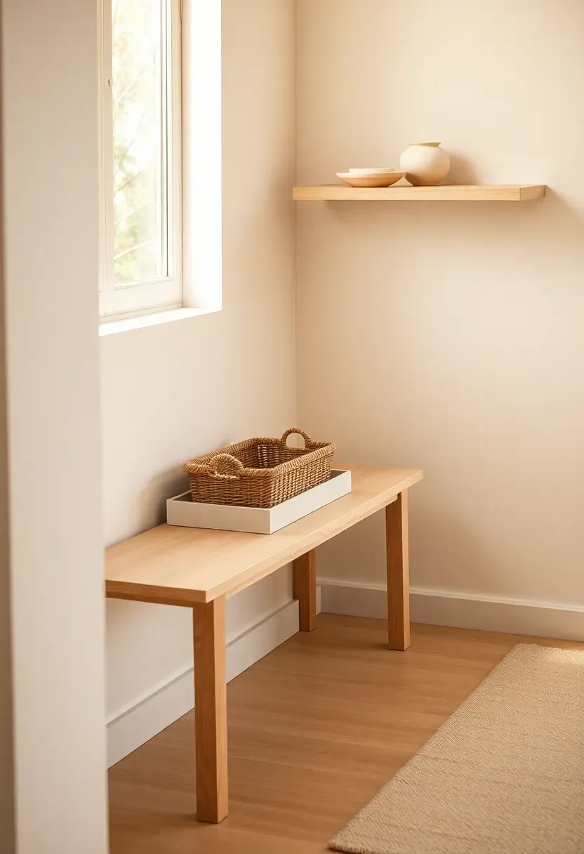 Hyper-realistic 3/4 view of a minimalist corner with slim bench, single tray, closed basket, floating shelf. Materials: white oak bench, linen basket, matte ceramic tray, plaster wall. Warm diffused window light, creamy neutral palette with soft beige accents. Mood: orderly, ritual-focused calm. Shallow depth of field, sharp details on products, balanced composition, soft shadows, visible room context. No text, no logos, no watermarks.</p>