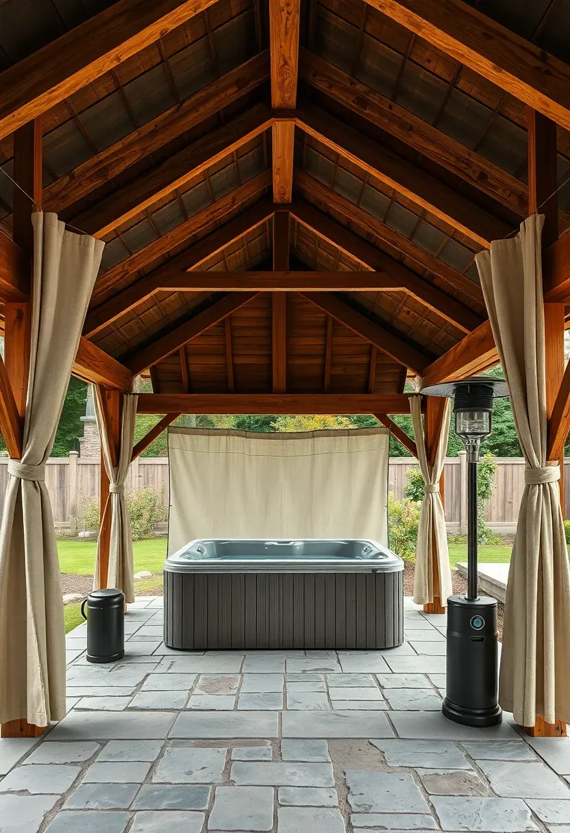 A timber frame pavilion with a hip roof sheltering a hot tub on a stone patio with outdoor heaters and curtains on the sides