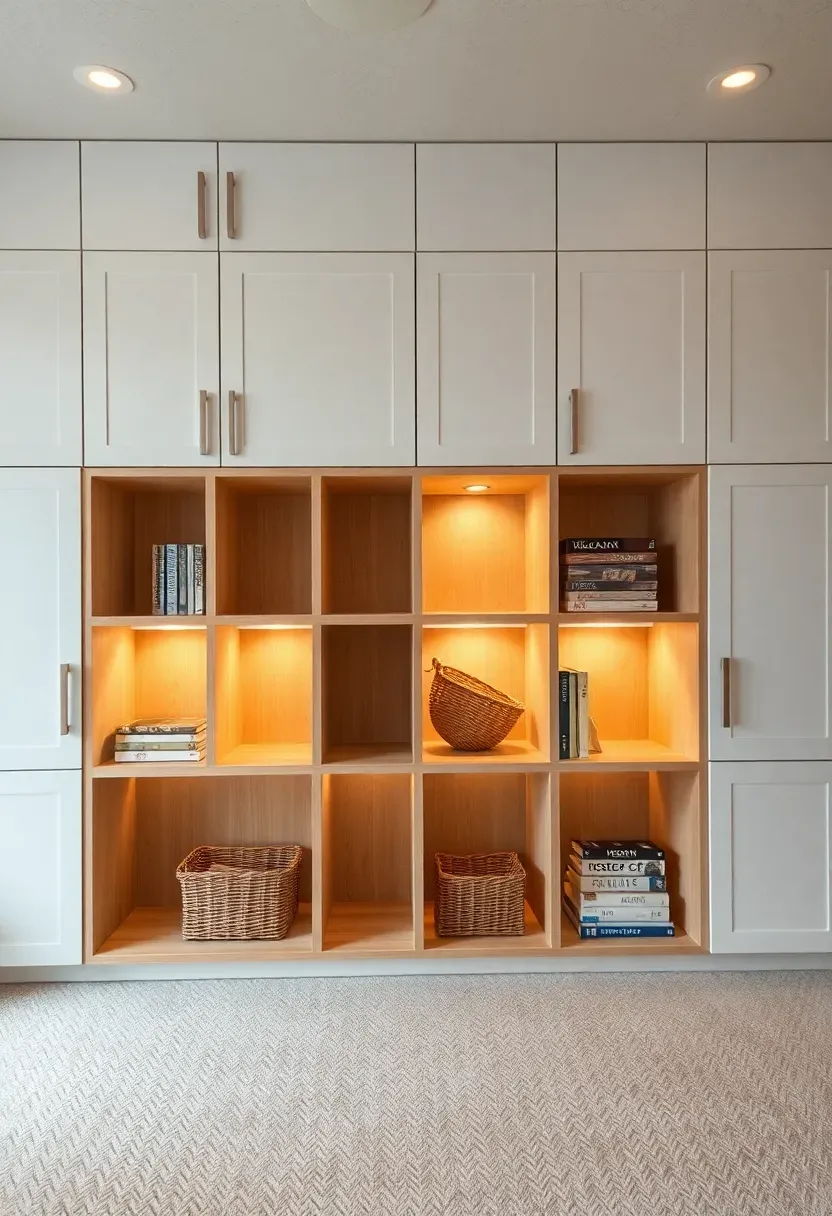 Floor-to-ceiling modular storage wall with cabinets and open cubbies in a basement organizing toys, books, and media equipment
