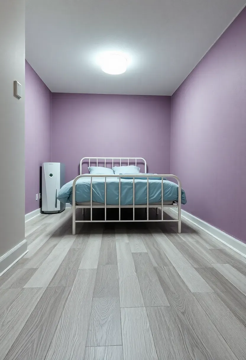 Basement bedroom with moisture-resistant finishes including vinyl plank floor, mold-resistant drywall, and a visible dehumidifier in the corner