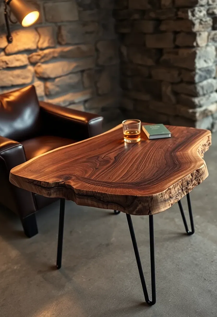 Live-edge wood slab side table next to a leather armchair in a rustic basement setting