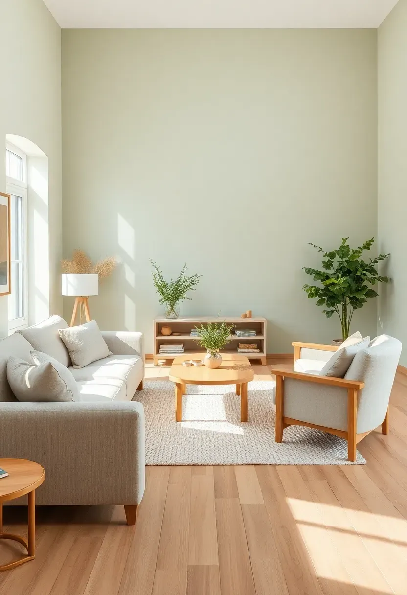 Hyper-realistic wide view of living room with light sage green walls, beige fabric sofa and armchair, light oak coffee table, cream rug. Materials: light sage green painted walls, beige linen upholstery, oak wood, cream wool rug. Soft natural daylight, warm neutral serene mood. Harmonious neutral palette, shallow depth of field, no text, no logos.</p>