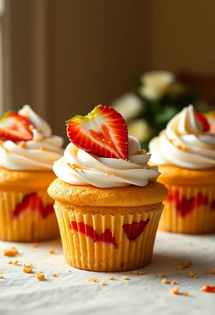 strawberry shortcake cupcakes with fresh sliced strawberries, whipped cream swirl, and graham cracker crumble on a garden party table
