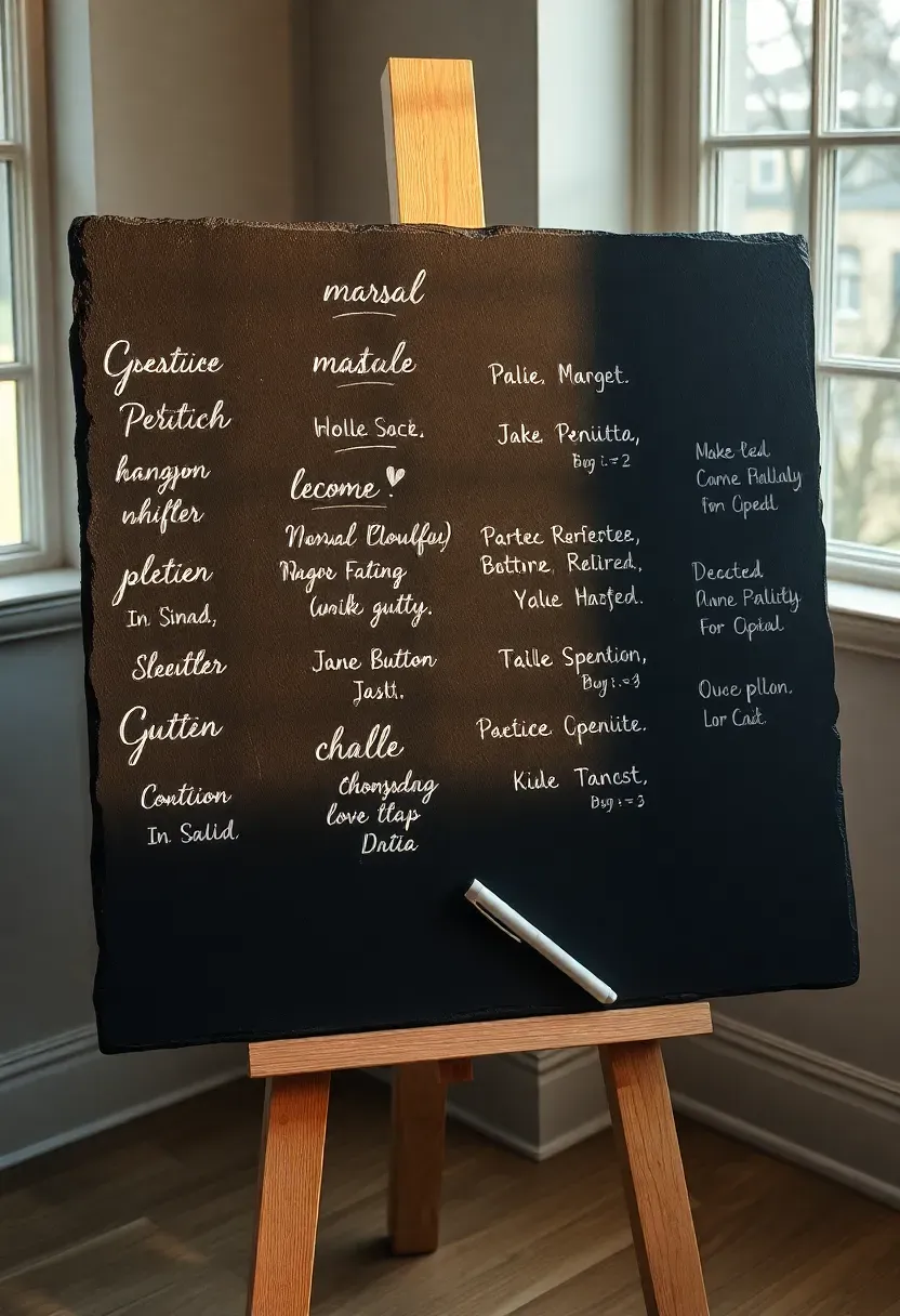 large slate chalkboard used as a baby shower guest book with guests names and messages written in white and pastel chalk pens on a dark surface displayed on a wooden easel