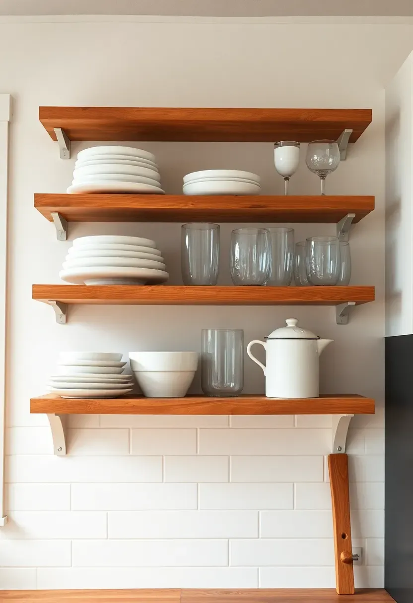 Open wooden shelving in farmhouse kitchen displaying white dishes, glassware, and vintage containers