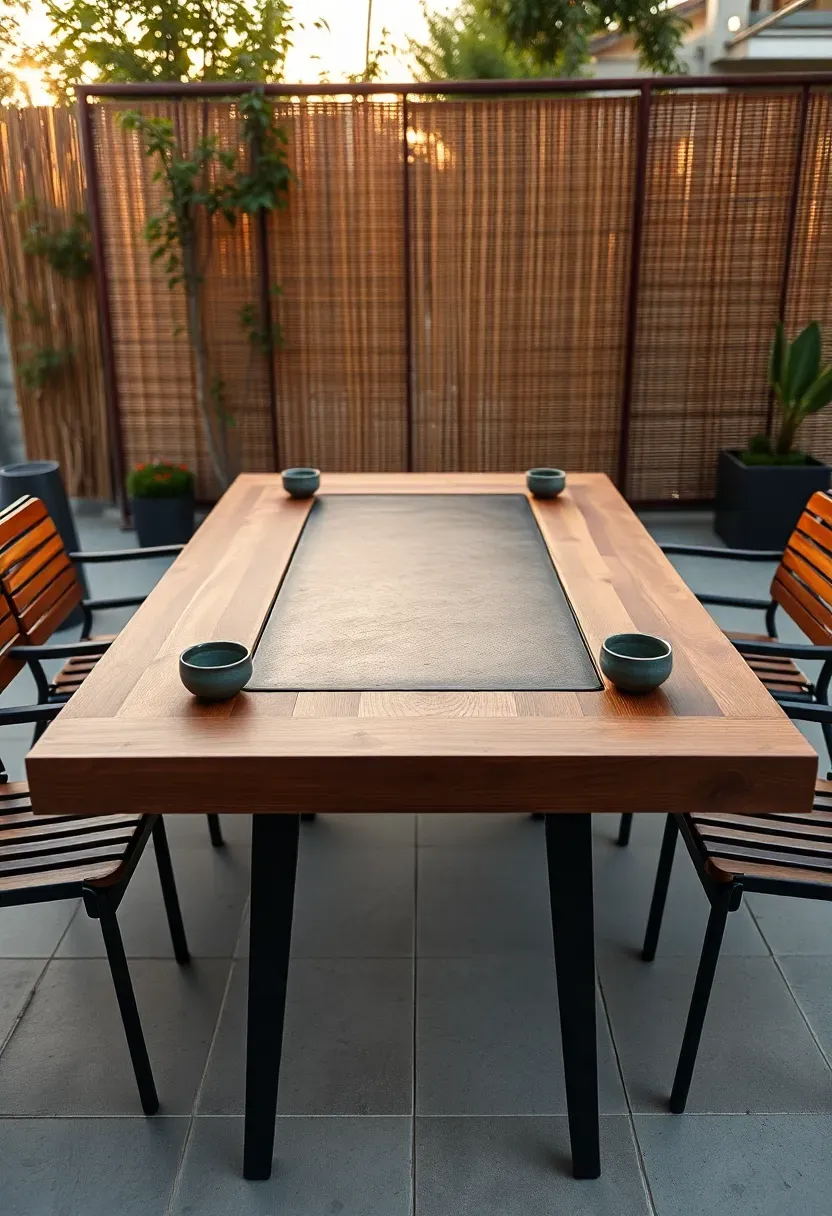 Japanese teppanyaki hibachi grill table with a flat steel cooking surface built into a wooden outdoor dining table