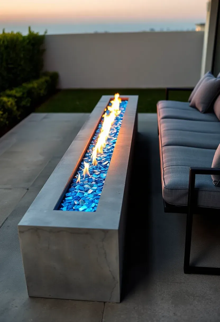 A long rectangular concrete trough fire feature with blue fire glass and modern patio furniture on each side