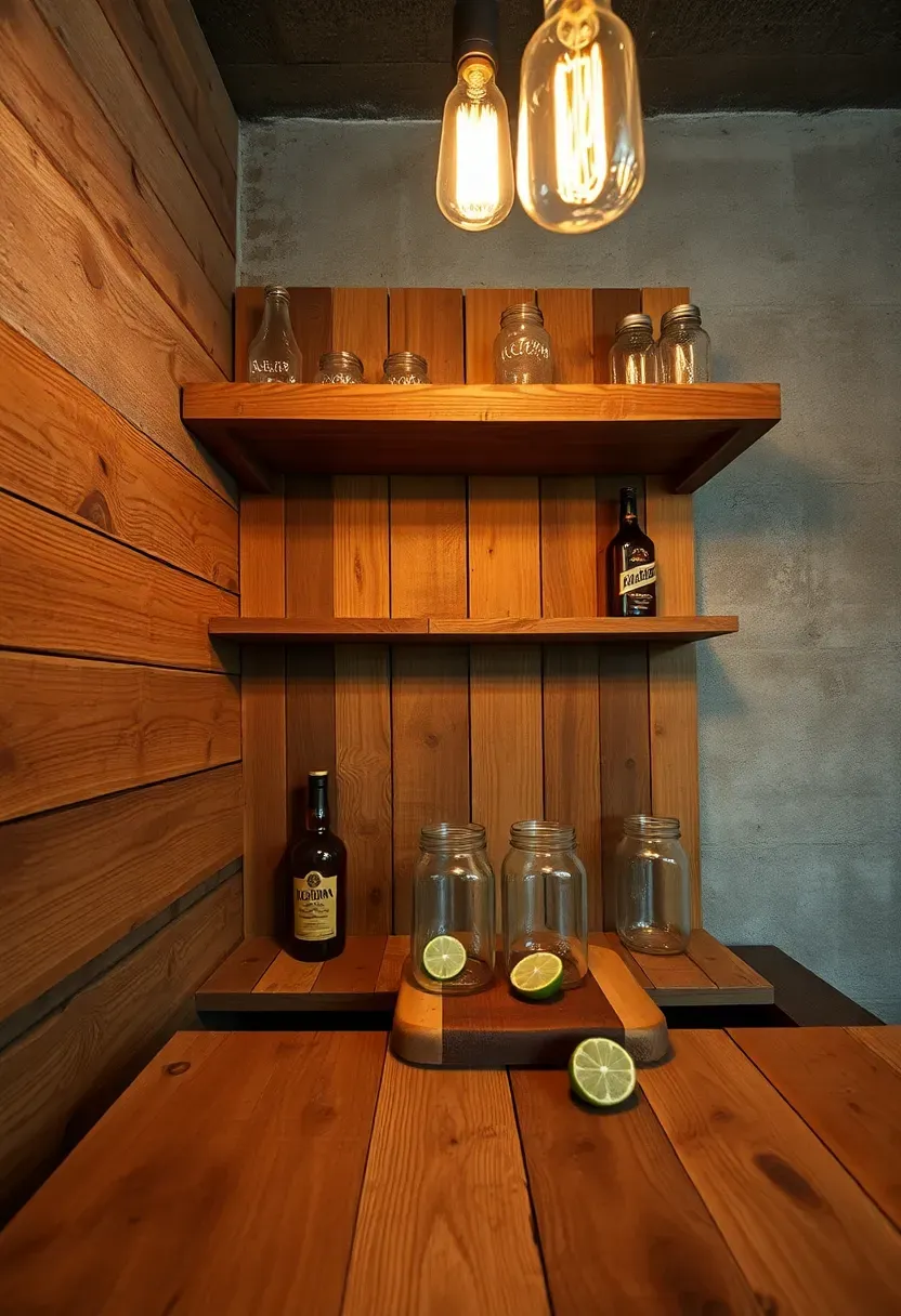 Rustic dry bar built from disassembled pallets with a clear-coated surface, open shelving, and mason jar glassware display