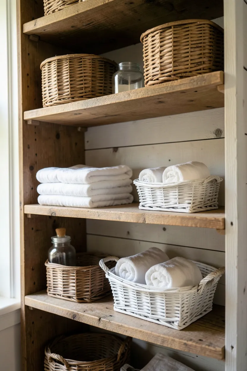 Open Wood Shelving with Wicker Baskets