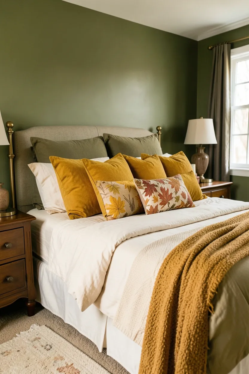 Olive green bedroom walls with terracotta ceramic vase, warm clay pottery, and earthy woven textile accents — Mediterranean-inspired bedroom